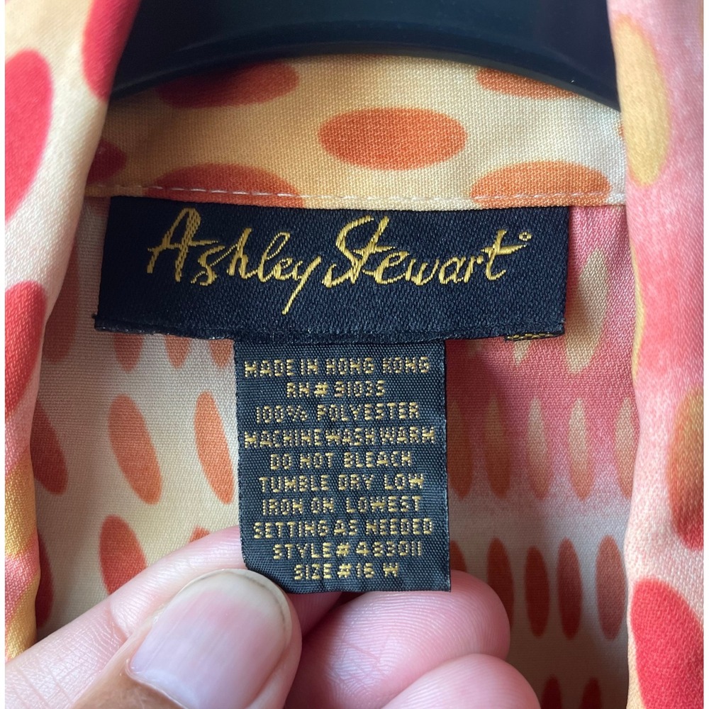 Ashley Stewart Women Blouse 16W Orange Red Dot Print Polyester Button Up Shirt - Picture 3 of 11